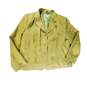 Talbots Woman Irish‎ Linen Blazer Chartreuse Green 3 Button Jacket 14W Plus Size